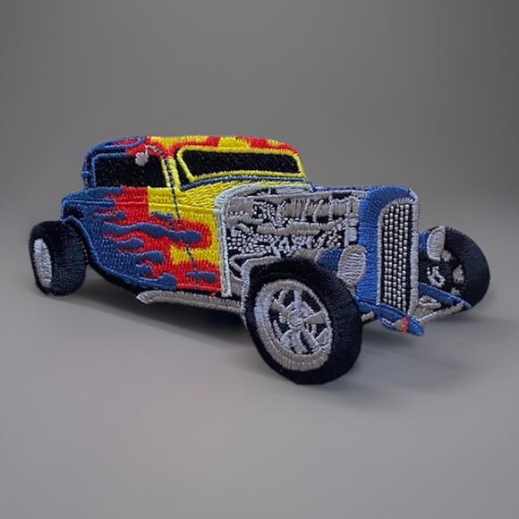 Blue Hot Rod With Flames Iron On Sew On Embroidered Patch 4 1/2 "X 2 1/4" - Picture 1 of 4